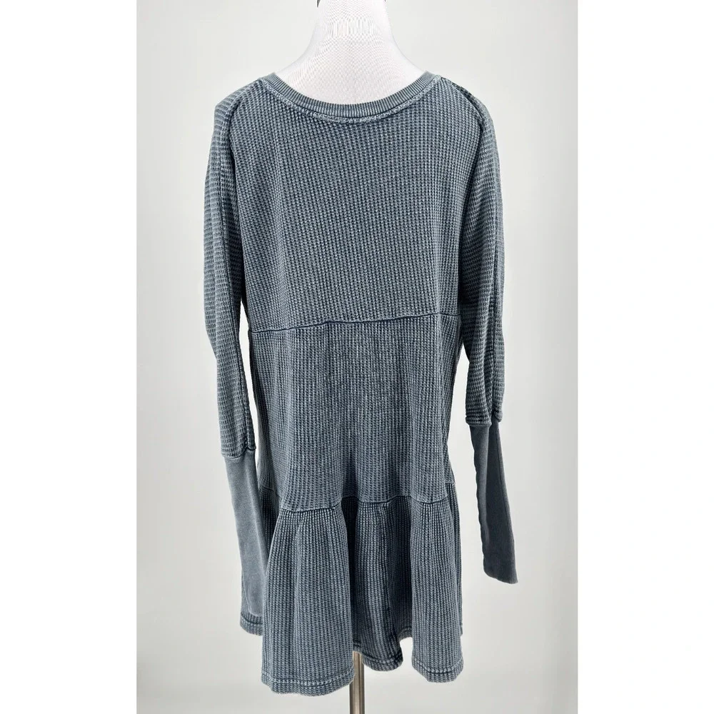 Free People One Jolene Blue Waffle Knit thermal Tiered Mini Dress Sz M